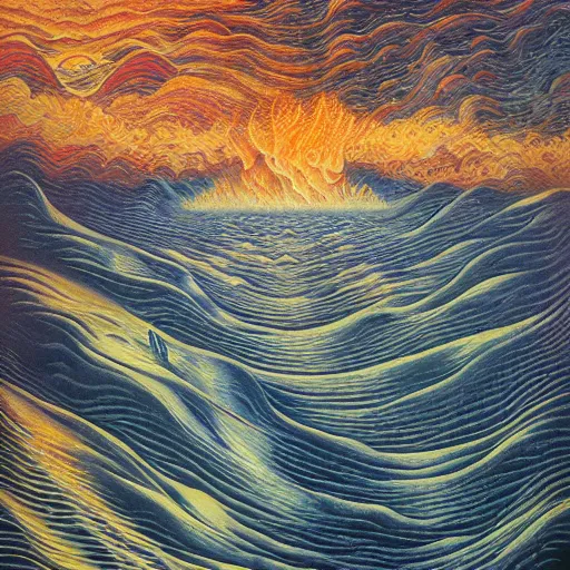 Image similar to water, fire, fog, surreal by dan mumford and umberto boccioni, oil on canvas