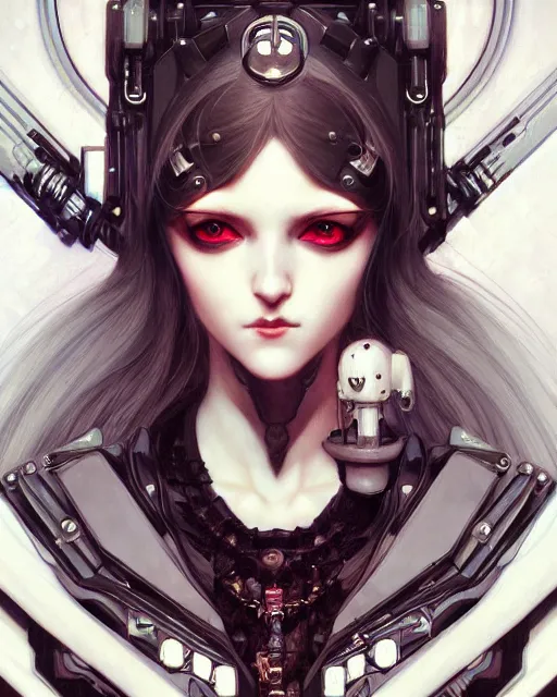 Image similar to portrait of cute beautiful young gothic maiden, cyberpunk, Warhammer, highly detailed, artstation, illustration, art by Gustav Klimt and Range Murata