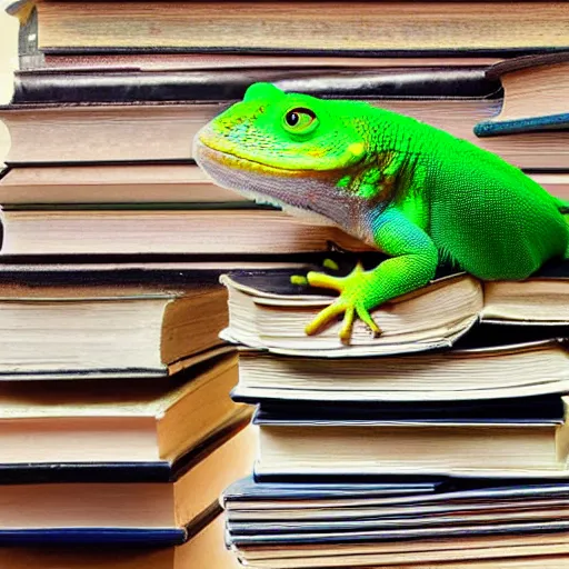 Image similar to the! geico! gecko on a table,! being crushed! by a stack of books