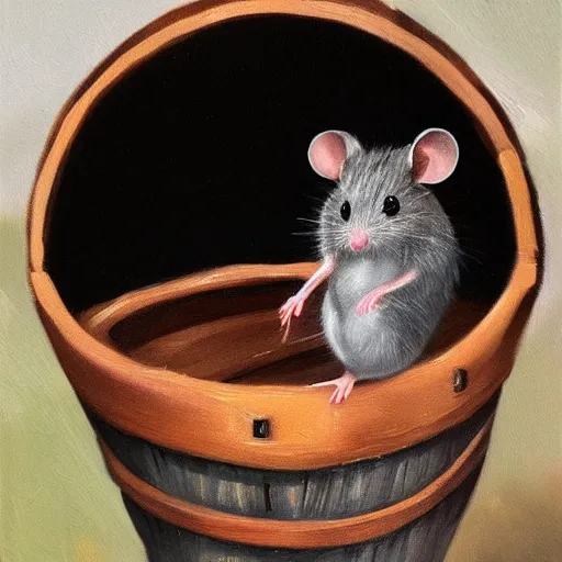 Prompt: a single cute mouse in a barrel, hyperdetailed, oil painting