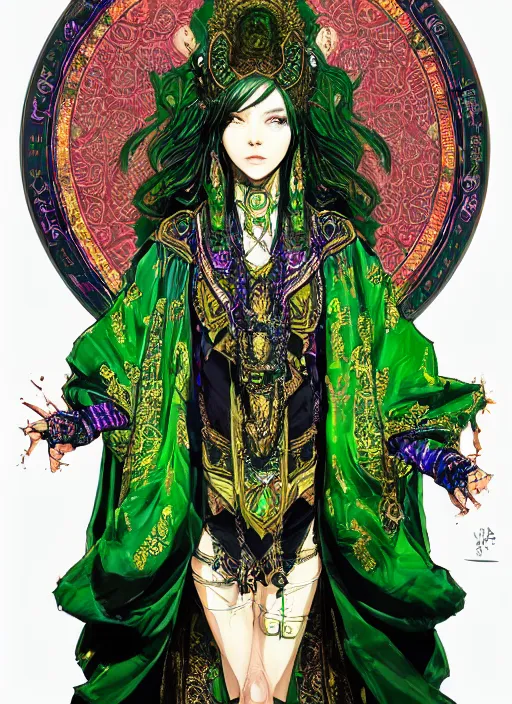 Prompt: Half-body portrait of a beautiful high priestess in ornate green church robe, vibrant colours, chosen by the satanic powe, ornate. In style of Yoji Shinkawa and Hyung-tae Kim, trending on ArtStation, dark fantasy, concept art, highly detailed, dynamic pose.