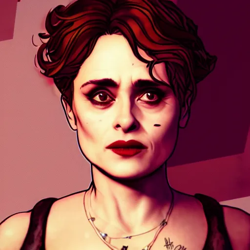 Image similar to helena bonham carter portrait, borderlands, tales from the borderlands, the wolf among us, comic, cinematic lighting, studio quality, 8 k