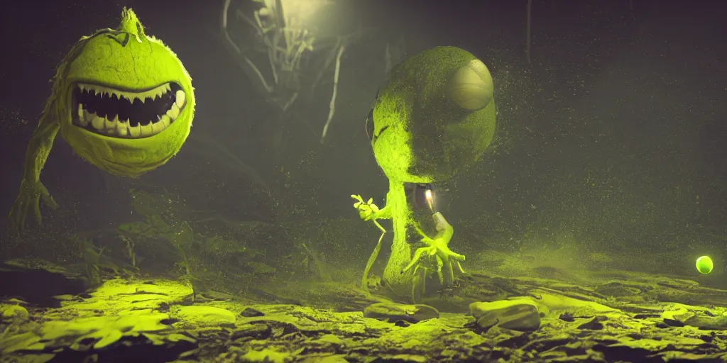 Image similar to a photo of 8 k ultra realistic tennis ball monster, tennis ball monsters, alien exotic, cinematic lighting, trending on artstation, 4 k, hyperrealistic, focused, high details, unreal engine 5, cinematic, alien planet atmosphere in background, 3 d render by basil gogos and beeple