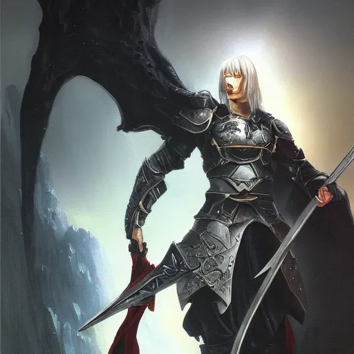 Image similar to fantasy painting of Elric wielding a plain black sword, painted by Bayard Wu, ultra detailed, 8k