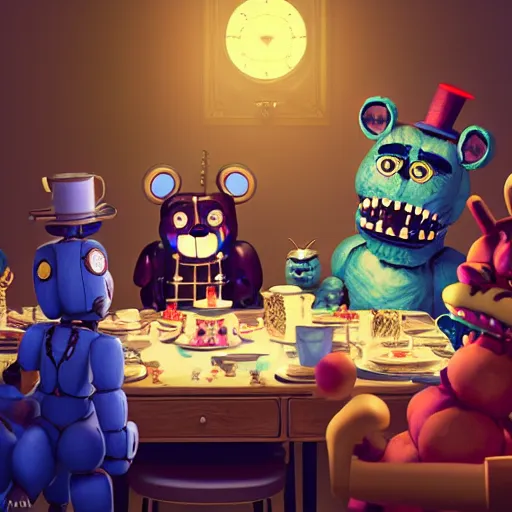 Prompt: a five nights at freddy's animatronic having an intense tea party with the queen of england, octane render / source, oil painting, trending on artstation, rossdraws