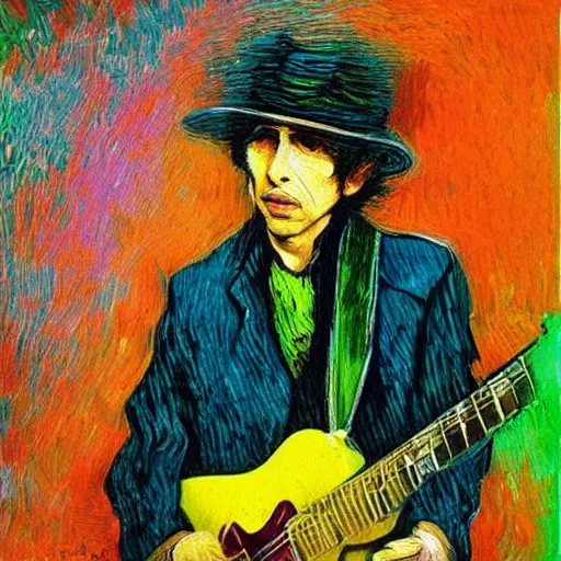 Prompt: an artistic portrait of bob dylan, high quality, studio photography, colourful, hero, heroic, beautiful, in the style of vincent van gogh