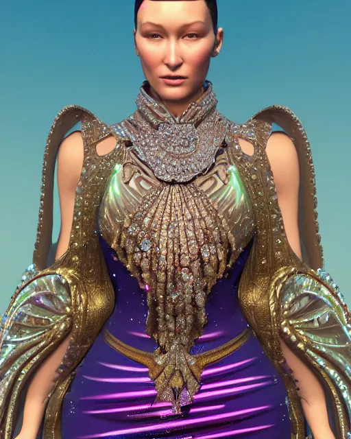 Prompt: a highly detailed metahuman 8 k close up render of bella hadid renaissance in schiaparelli dress in diamonds crystals swarovski and jewelry iridescent in style of alphonse mucha trending on artstation made in unreal engine 4