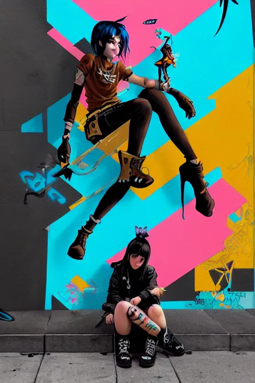 Image similar to punk girl sitting on extreme 3 d graffiti tag mural maximalism by atey ghailan, by greg rutkowski, by greg tocchini, by james gilliard, by joe fenton, yellow, brown, black and cyan color scheme, octane render