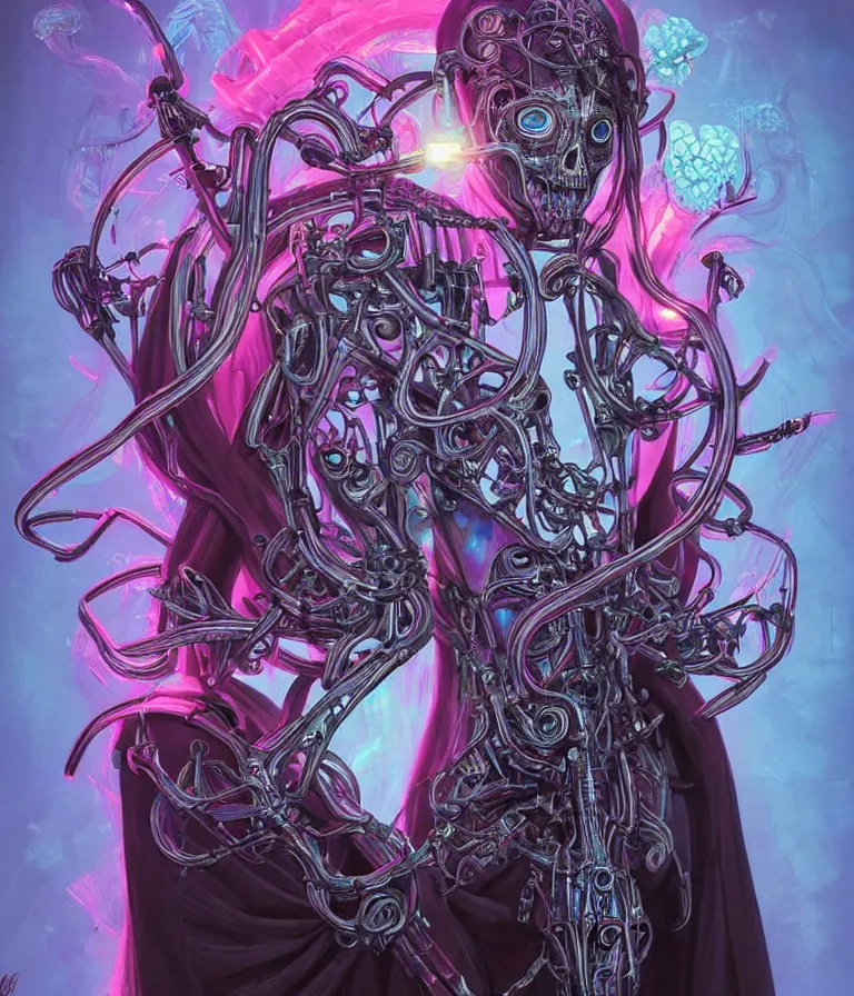 Image similar to fully symmetrical centered iridescent portrait of a beautiful princess of death in robe. skulls artificial muscles, ribcage, bones, hard surface modelling. cyberpunk look. biomechanical mask. bio luminescent biomechanical halo around head. neon jellyfish. artwork by jarold Sng by artgerm, by Eddie Mendoza, by Peter mohrbacher by tooth wu, unreal engine, octane render, cinematic light, high details, iridescent colors, dichroic, macro, depth of field, blur