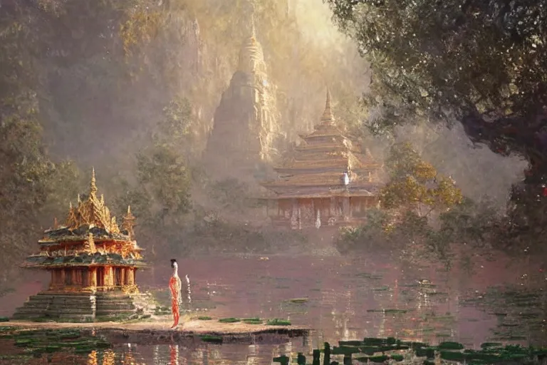 Image similar to temple. buddhism, impressionnisme, painting by greg rutkowski, artgerm, claude monet