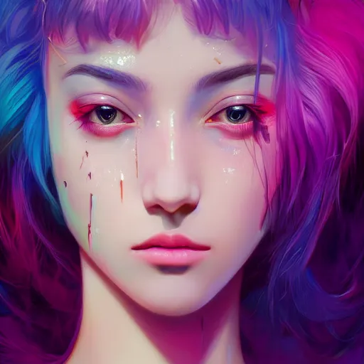 Image similar to young woman, gorgeous face, vaporwave aesthetic, synthwave, colorful, psychedelic, broken, shattered, beaten, sadness, crying, tears, artstation, concept art, smooth, extremely sharp detail, finely tuned detail, 8 k, unreal engine 5, ultra sharp focus, illustration, art by artgerm and greg rutkowski and alphonse mucha