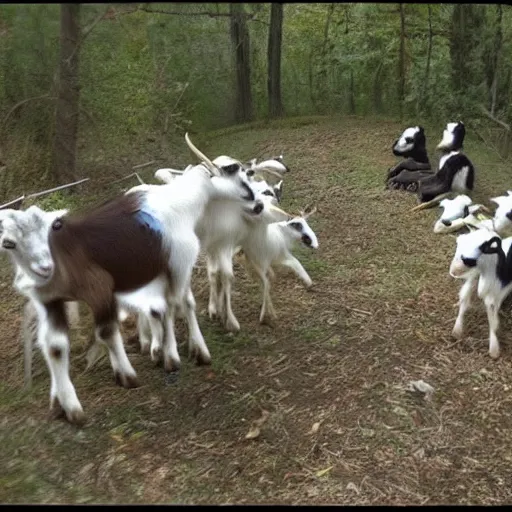 Prompt: trailcam footage of goats conducting a seance