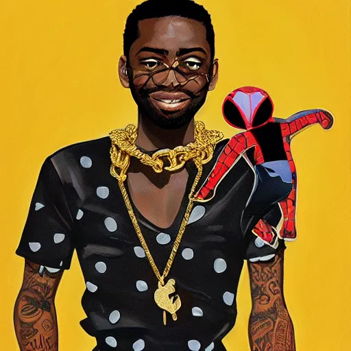 Image similar to a painting of miles morales, dripped out, diamonds, diamond chain, gold rings, gold watch, stylish, gold grill by sachin teng