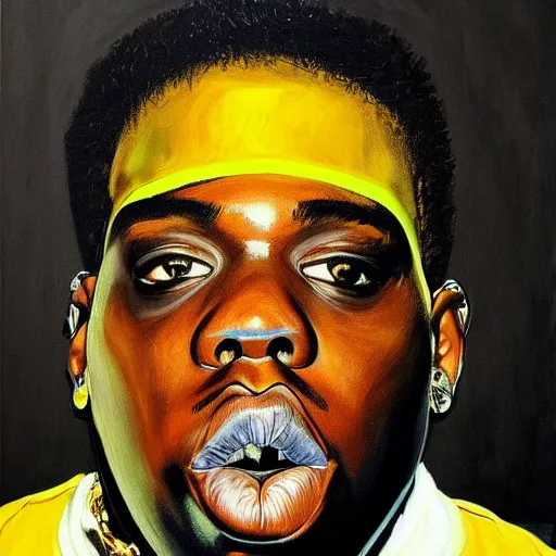 Prompt: a painting of a hyper realistic biggie smalls, art by basquiat, intricate, ultra detailed, photorealistic, black and gold colors, dark background trending on artstation