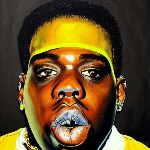 Image similar to a painting of a hyper realistic biggie smalls, art by basquiat, intricate, ultra detailed, photorealistic, black and gold colors, dark background trending on artstation