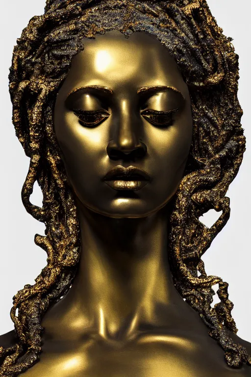 Prompt: hyperdetailed masterpiece portrait of a glossy black marble statue of a ballerina covered in gold metallic liquid in the style of virgil abloh, offwhite, heron prestorn, denoise, vogue, paris, fashion, louvre museum, highly detailed, realistic, hyperreal, 8 k, 4 k, render