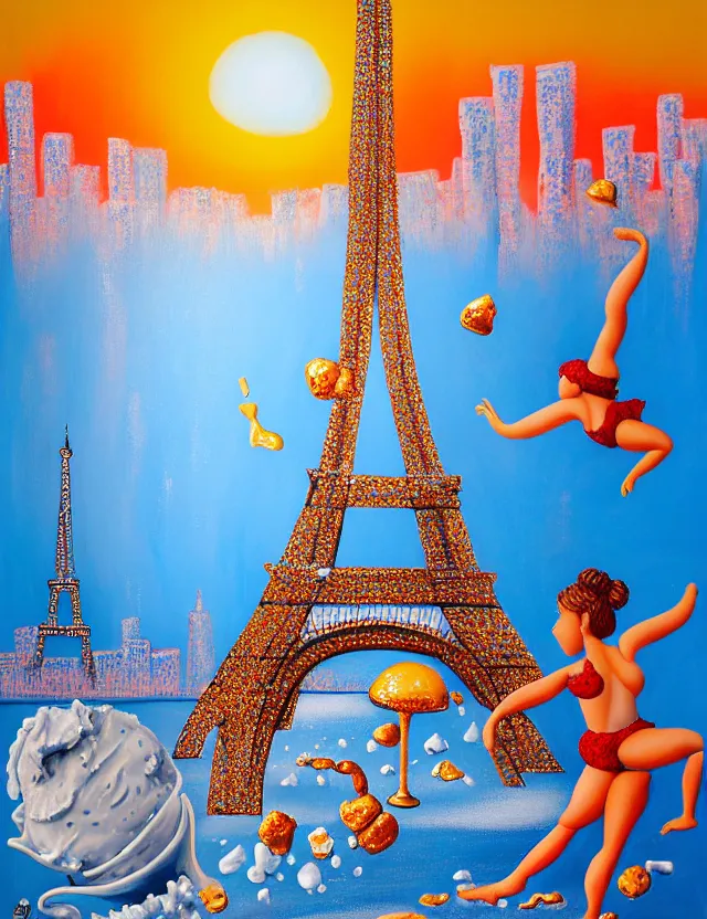 Prompt: a highly detailed and realistic painting of a dancing ice sculture eiffel tower in paris with melting ice cream of the paris skyline on a very sunny bright summer sunset day, very hot and the ice is melting fast and people are swimming in the icecream in the style of james jean and botero