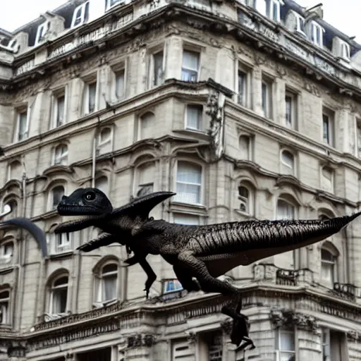 Prompt: flying velociraptor in london