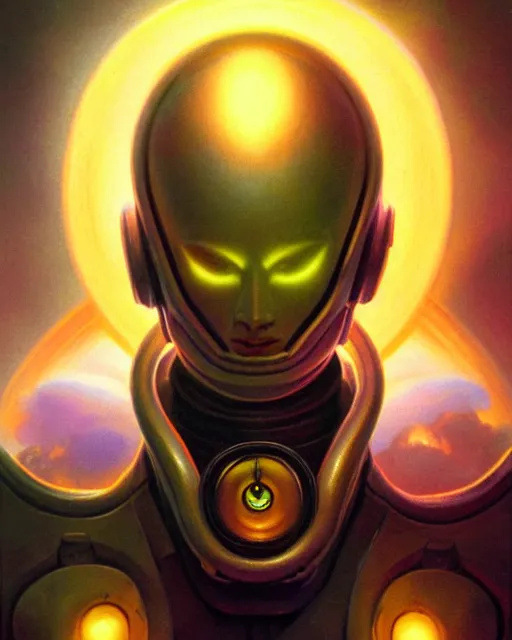 Image similar to zenyatta from overwatch, character portrait, portrait, close up, vintage fantasy art, vintage sci - fi art, radiant light, caustics, by boris vallejo