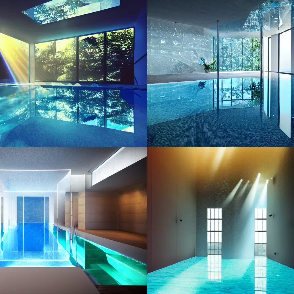 Prompt: A crystalline room, reflections, prismatic, pool, octane engine, quartz, god rays, blissful atmosphere