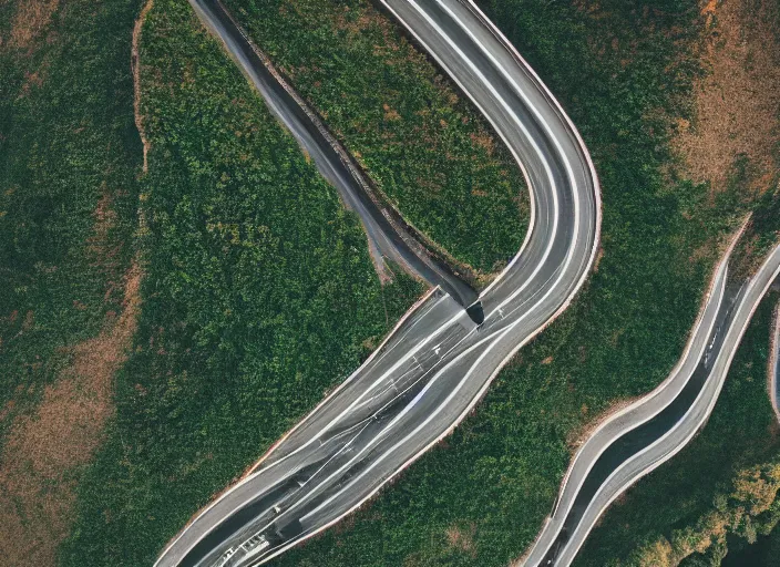 Image similar to symmetry!! a 2 8 mm macro aerial view of a beautiful winding mountain road in europe, photography, film, film grain, canon 5 0 mm, cinematic lighting