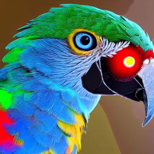 Image similar to photo of metal parrot with glowing eyes