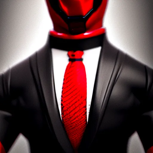 Image similar to realistic plastic figure of deadpool, wearing shirt and red tie, suit jacket, only head and chest, intricate, desaturated, trending on artstation, cinematic composition, dramatic pose, volumetric lighting, sharp, details, hyper - detailed, hd, 4 k, 8 k