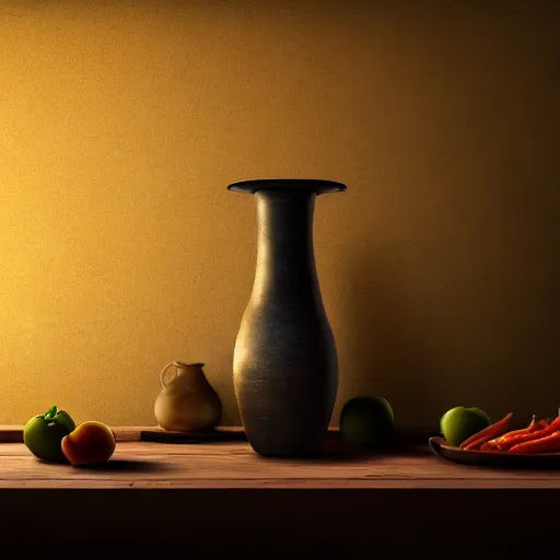 Image similar to a large vase on top of a antique wooden table, vegetables on table and candle, medieval concept art, cinematic lightning and colors, vray tracing, rendered in unreal engine, dark lightning, contrast shadows