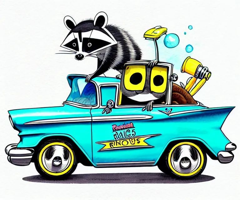 Prompt: cute and funny, racoon wearing a helmet riding in a tiny 1 9 5 7 chevy coupe, ratfink style by ed roth, centered award winning watercolor pen illustration, isometric illustration by chihiro iwasaki, edited by range murata