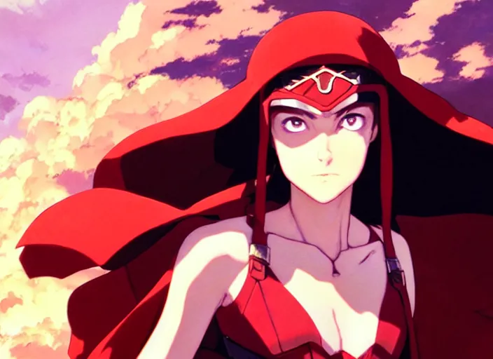 Image similar to a film still portrait of a confident sorcerer dieselpunk diesel scarlet witch, finely detailed features, closeup at the faces, perfect art, at an ancient city, gapmoe yandere grimdark, trending on pixiv fanbox, painted by greg rutkowski makoto shinkai takashi takeuchi studio ghibli, akihiko yoshida.