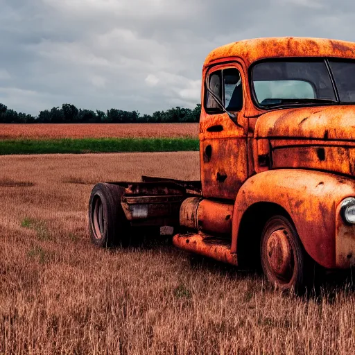 Image similar to Rusty truck, open field, 8k, photography