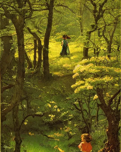 Image similar to detailed painting of a beautiful glen, untouched by humans for years, with a brooding fairy inside it. sunlight beams down on the scene and you can tell it is spring from the flowers. perhaps a party of adventurers or a lone traveler is entering the scene from the a path. by norman rockwell