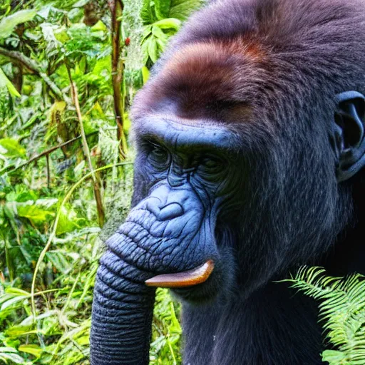 Image similar to gorilla with an elephant trunk in place of its nose, standing in the jungle