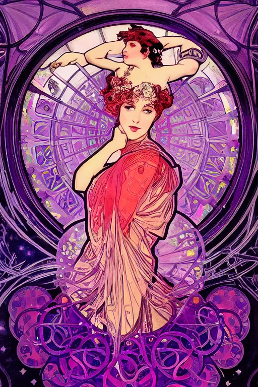 Image similar to she dreams of arcs of purple flame intertwined with glowing sparks, glinting particles of ice, dramatic lighting, steampunk, bright neon, secret holographic cyphers, red flowers, solar flares, high contrast, smooth, sharp focus, art nouveau, intricate art by Alphonse Mucha
