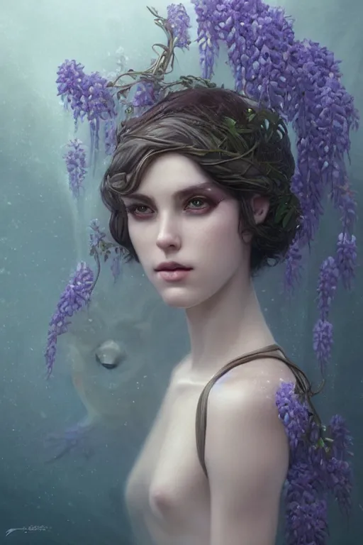 Prompt: a goddess of wisteria!! standing in a windy murky underwater garden! with a beautiful symmetrical face!!! cinematic lightning, murky dusty deep, smoky eyes, isolated, studio lighting by artgerm yuri shwedoff and tom bagshaw