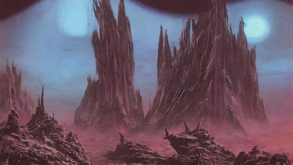 Image similar to eerie atmospheric alien planet empire by jack gaughan and bob eggleton and chris moore, epic cinematic matte painting