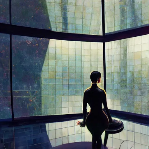Prompt: woman in flight suit, tesseract glass courtyard, wet reflections, prism, atmospheric, ambient, pj crook, syd mead, livia prima, artgerm, greg rutkowski, nick alm, casey baugh