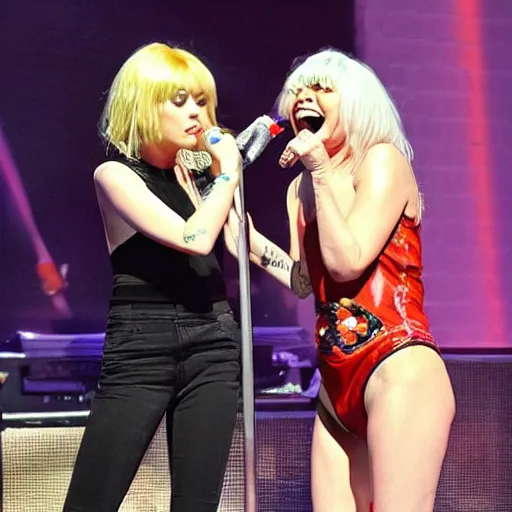 Image similar to Miley Cryus and young Debbie Harry rock the stage live in front of a sold out arena