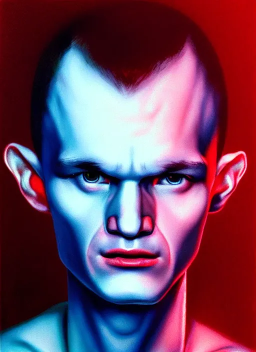 Prompt: vitalik buterin in the style of gottfried helnwein, chiaroscuro intricate composition, blue light by caravaggio, insanely quality, highly detailed, masterpiece, red light, artstation