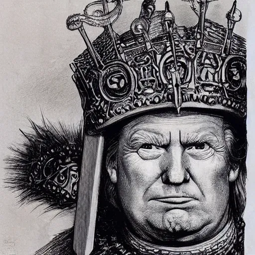 Image similar to donald trump wearing knights armor, donald trump holding a crazy broadsword, donald trump ’ s highly detailed face, by hans holbein