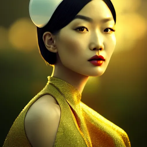 Prompt: innovative avant - garde art, deco fashion, asian women, highly detailed, photorealistic portrait, serene forest setting, golden hour, crisp quality and light reflections, octane render