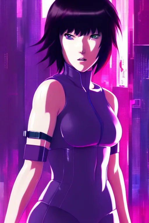 Image similar to a still fullbody portrait of motoko kusanagi ghost in the shell, finely detailed features, closeup at the faces, perfect art, at a cyberpunk city, gapmoe yandere grimdark, trending on pixiv fanbox, by ilya kuvshinov, rossdraws, artgerm