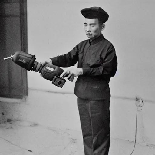 Prompt: Ho Chi Minh holding Electric Cordless Drill