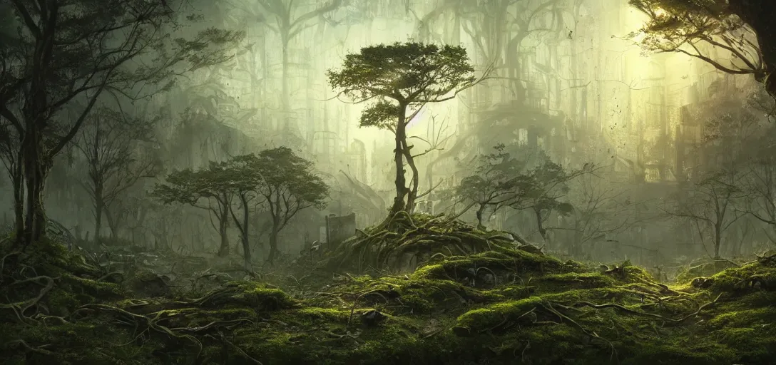 Image similar to cinematic, panorama, post-apocalyptic city overgrown by nature, tree roots, moss, close up, details, sharp focus, elegant, highly detailed, illustration, golden dawn light, by Jordan Grimmer and greg rutkowski, intricate, Beautiful dynamic dramatic moody lighting,shadows,cinematic atmosphere, Trending artstation, pixiv, digital Art