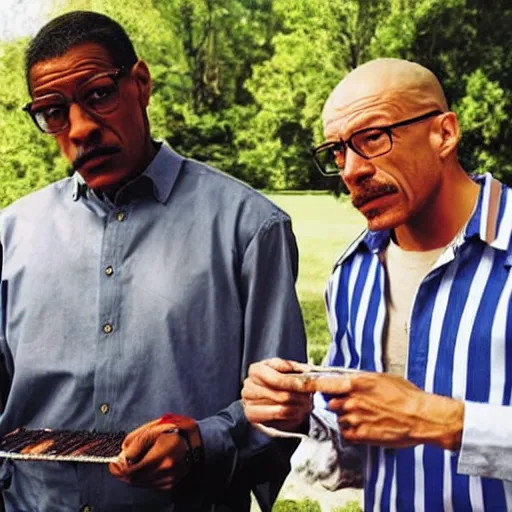 Image similar to walter white and gus fring having a barbeque, selfie