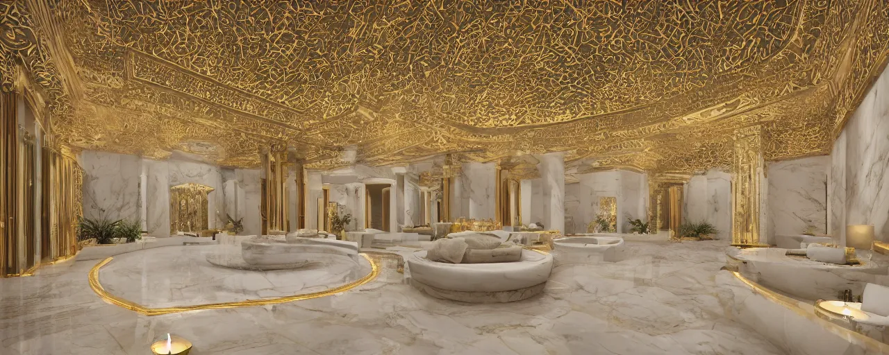 Image similar to interior of a double height hyper luxury spa with everything made of gold, candles, beige stone marble floor, wellness relaxation pool, intricate hieroglyph detailed roof, contemporary design, sacred geometry, 8 k, hyperrealistic, photorealism, windows with view to wadi al disah mountains