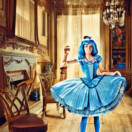 Image similar to alice in the wonderland, chairs, wood floor, blue dress, blonde by cheval michael