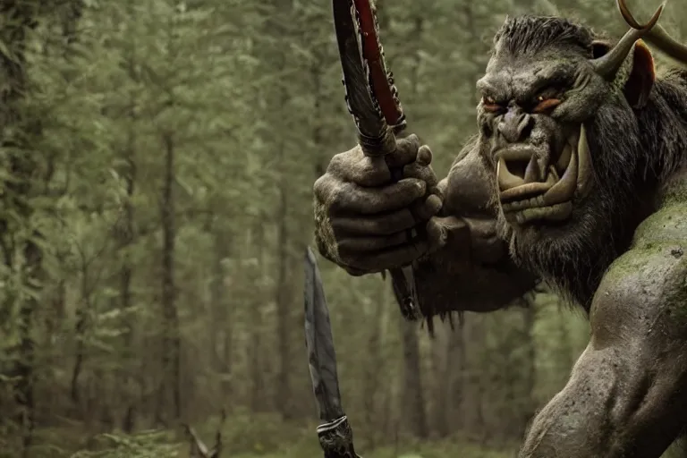 Image similar to vfx movie closeup detailed ancient warrior orc hunting elk in the forest, natural lighting by emmanuel lubezki