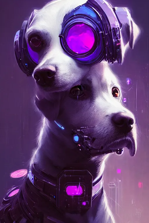 Image similar to a beautiful portrait of a cute cyberpunk dog by greg rutkowski and wlop, purple blue color scheme, digital art, highly detailed, fine detail, intricate, ornate, complex