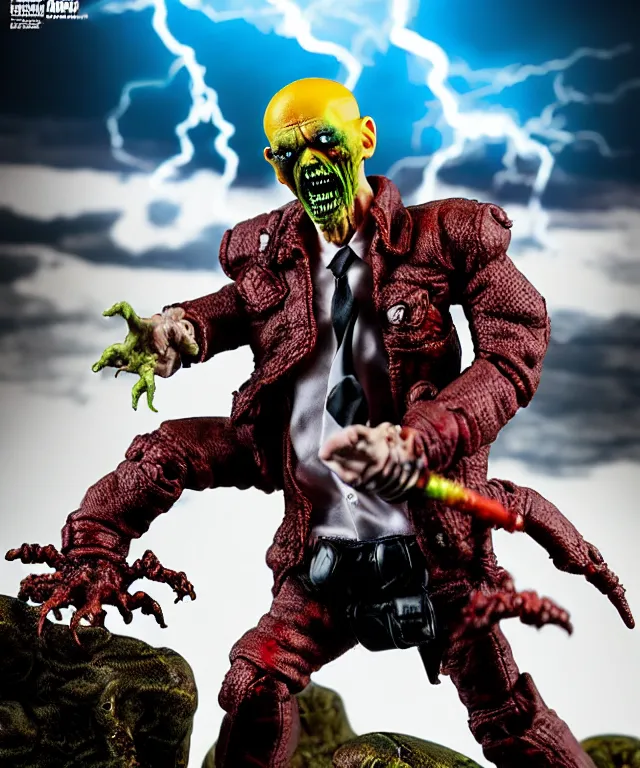 Image similar to hyperrealistic rendering, epic boss battle, punk rock zombie, by art of skinner and richard corben, product photography, collectible action figure, sofubi, hottoys, storm clouds, outside, lightning